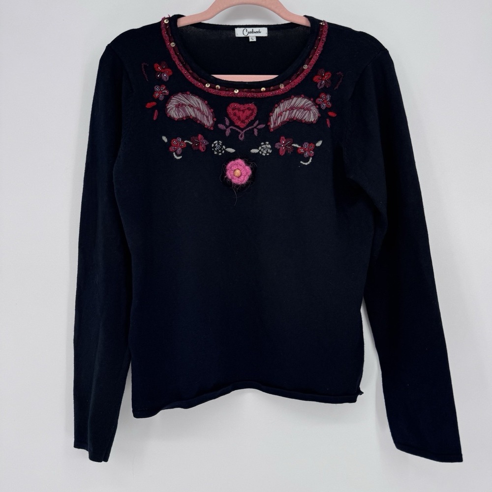 Carducci Black Knit Sweater Large Embroidered Floral Heart Coquette Boho Y2K